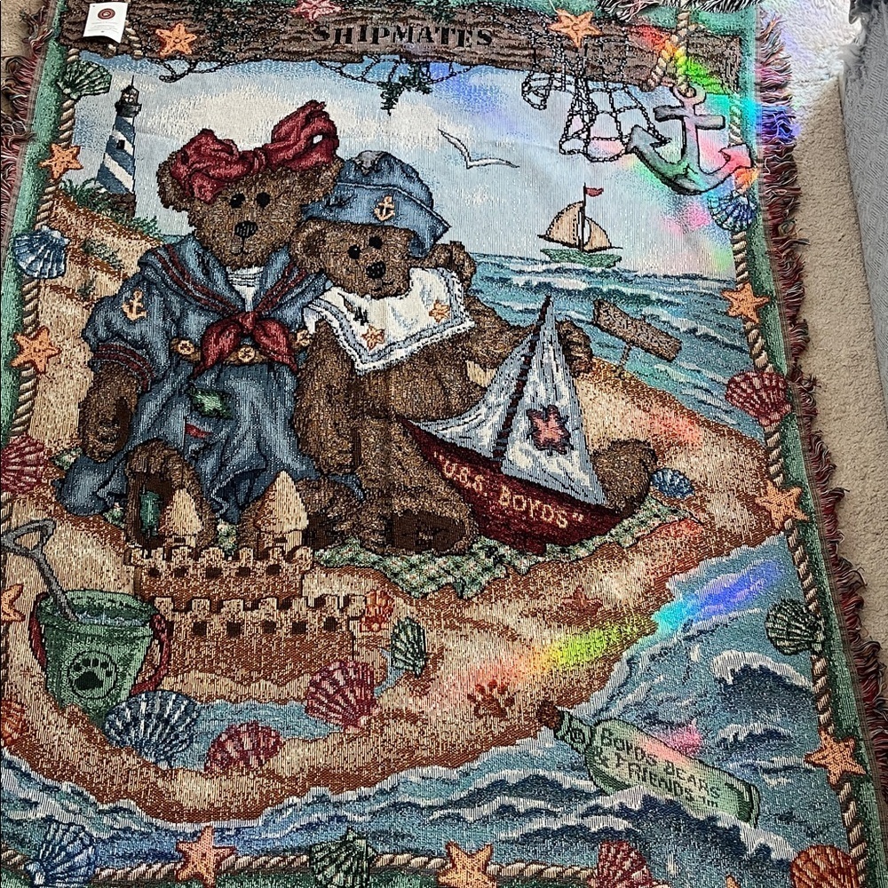 NWT Tapestry Woven Throw Blanket Boyds Bears Shipmates Sailor Beach 51 x 68